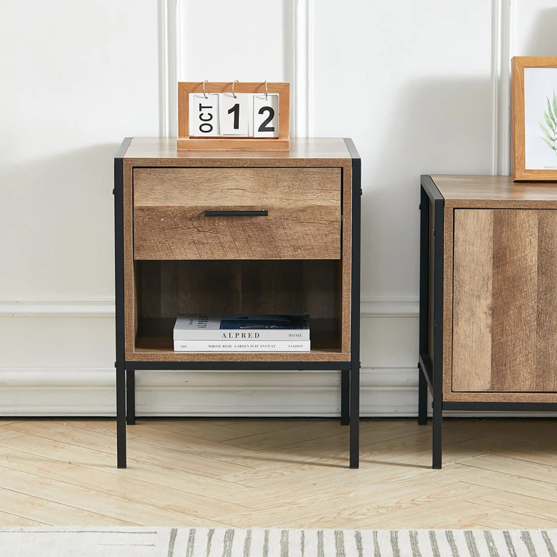 Image of Cottonfy UK Wooden Bedside Table with Open Compartment - Brown Brown M