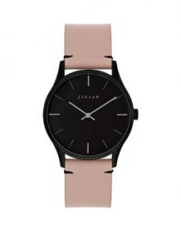 Image of JIGSAW Jigsaw Black and Grey Detail Dial Pink Leather Strap Ladies Watch, One Colour, Women