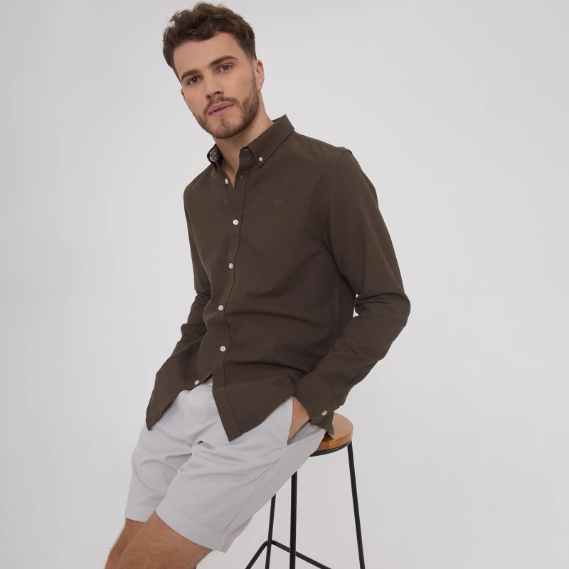 Image of Threadbare Oxford Cotton 'Beacon' Long Sleeve Shirt Chocolate