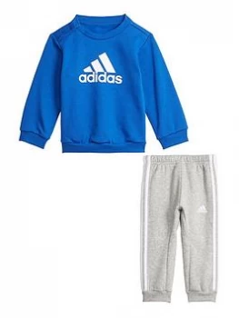 Image of adidas Infants Unisex Badge Of Sport Crew & Jog Pant Set - Blue/Grey, Blue/Grey, Size 9-12 Months