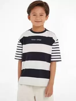 Image of Boys, Tommy Hilfiger Bold Stripe Logo short Sleeve T-Shirt - Desert Sky, Navy, Size 8 Years