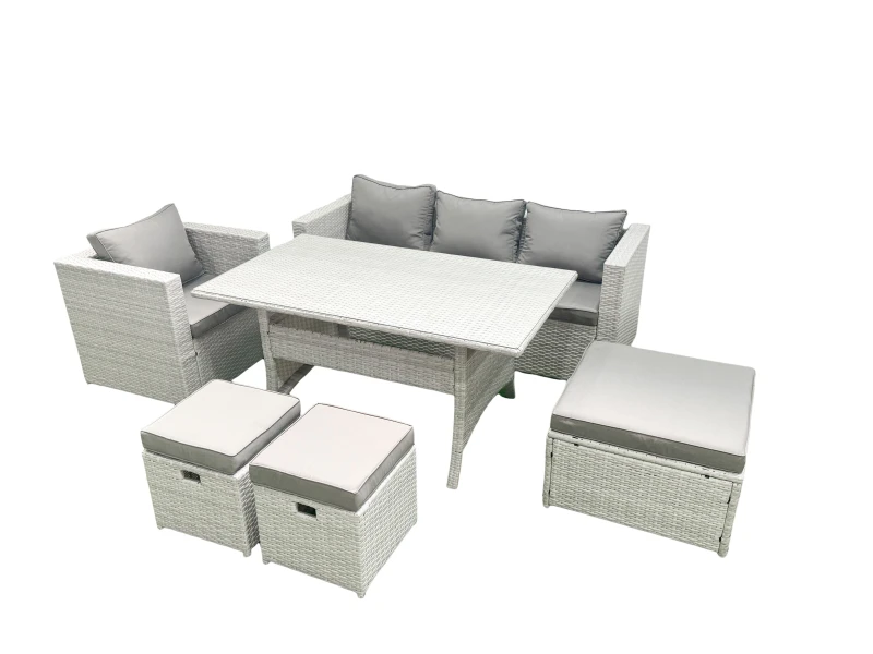 Image of Fimous Garden Dining Set Outdoor Rattan Furniture Set with Sofa Dining Table 3 Footstools Light Grey Mixed Light Grey