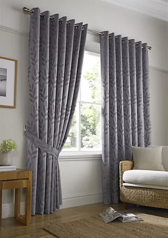 Image of ALAN SYMONDS Tivoli, Silver Lined Curtains, Trailing Leave Floral Jacquard Design, Ready Made Eyelet Curtain Pairs, 66' x 72' 12401025