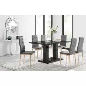 Image of Furniture Box Imperia 6 Black Dining Table and 6 Grey Velvet Milan Gold Leg Chairs