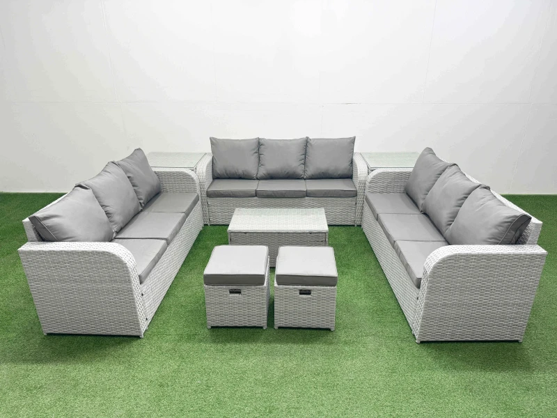 Image of Fimous PE Rattan Lounge Sofa Set 11 Seater Outdoor Garden Furniture Set with Rectangular Coffee Table 3 Seater Sofa 2 Stools 2 Side Table Light Grey L