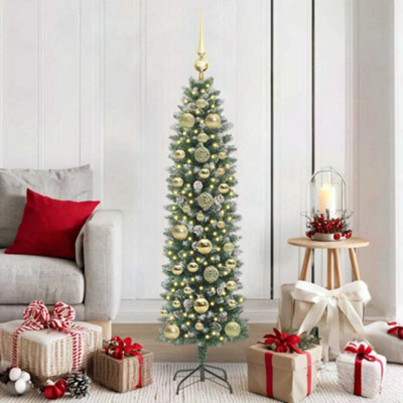 Image of vidaXL Artificial Slim Christmas Tree with Gold Balls Green and white 150 cm, Green 3395285