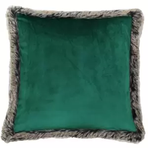 Image of Riva Home Kiruna Faux Fur Edged Velvet Style Square Cushion Cover (45 x 45cm) (Emerald Green)