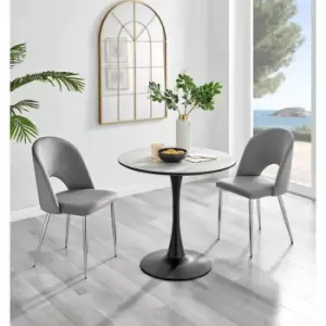 Image of Furniture Box Elina White Marble Effect Round Dining Table and 2 Grey Arlon Silver Leg Chairs