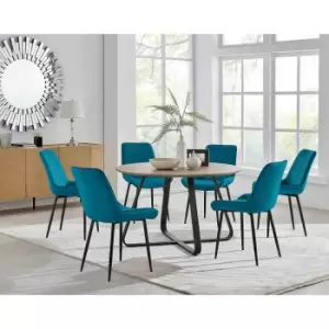 Image of Furniture Box Santorini Brown Round Dining Table and 6 Blue Pesaro Black Leg Chairs