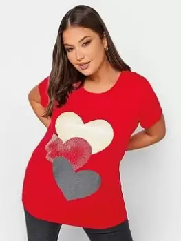 Image of Yours Glitter Printed Embellished T-Shirt, Red, Size 18, Women