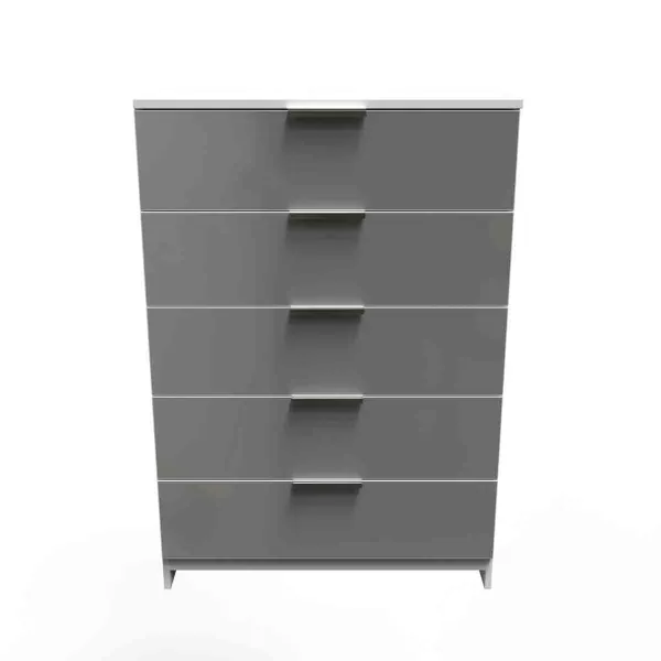 Image of Welcome Furniture Ready Assembled Plymouth 5 Drawer Chest In Uniform Grey Gloss & White