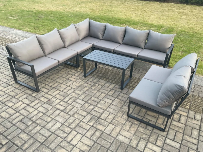 Image of Fimous Aluminium 9 Seater Patio Outdoor Garden Furniture Lounge Corner Sofa Set with Oblong Coffee Table Dark Grey Dark Grey Unisex