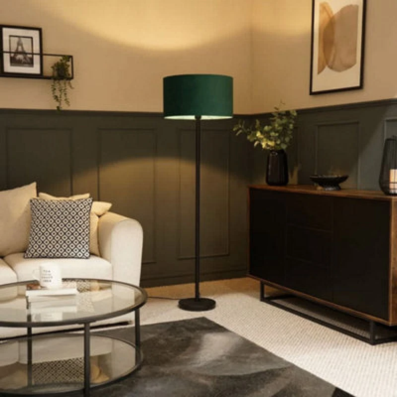 Image of ValueLights ValueLights Charlie Black Stem Floor Lamp Light with Velvet Lamp Shade in Bottle Green Size: 18" Bottle Green 18" Unisex 505