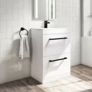 Image of 600mm White Floorstanding Vanity Unit with Basin and Black Handle - Ashford