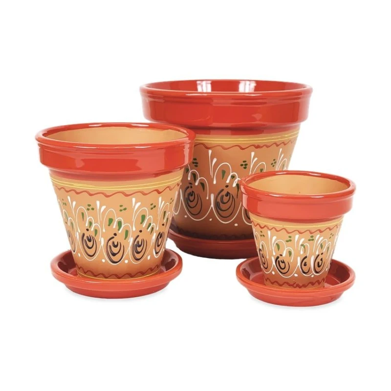Image of Verano Spanish Ceramics Inca Hand Painted Set of 3 Classic Plant Pots & Drainage Plates (D) 16-29cm in Red Red Unisex