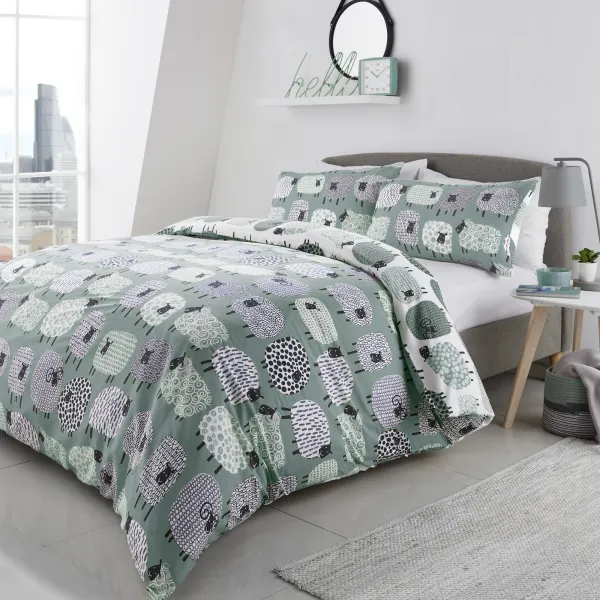 Image of Fusion Dotty Sheep Duck Egg Duvet Cover and Pillowcase Set Green