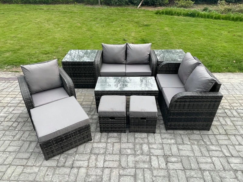 Image of Fimous 8 Seater Rattan Outdoor Garden Furniture Sofa Set Patio Table & Chairs Set with 2 Side Tables 3 Footstools Dark Grey Mixed Dark Grey