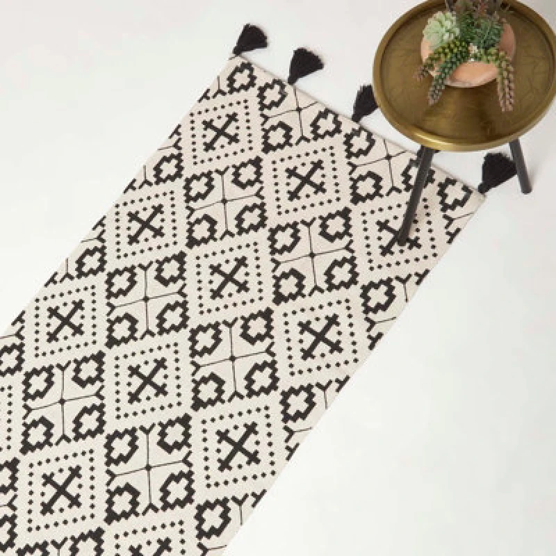 Image of Homescapes Reva Black & White Handwoven Cotton Geometric Hallway Runner Rug 66 X 200 Cm