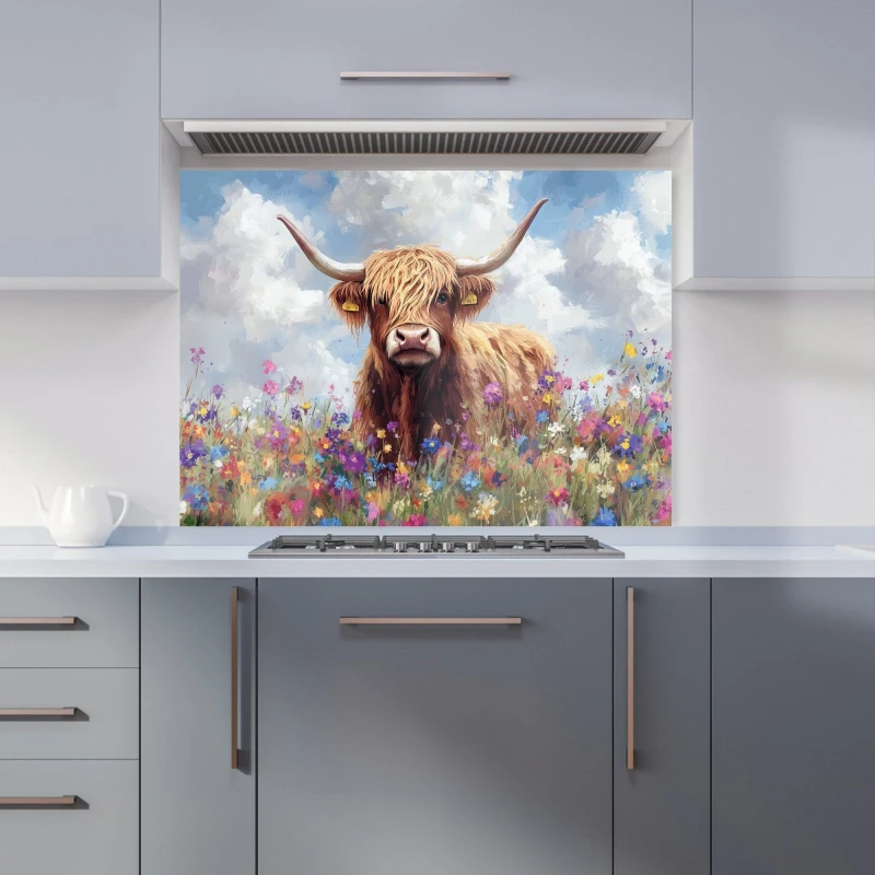 Image of Warren Reed - Designer Highland Cow In A Summer Meadow Kitchen Splashback Size: 900mm x 650mm Multicolor Unisex 900mm x 650mm