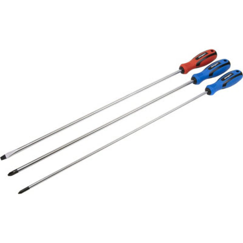 Image of Loops 3 PACK 450mm EXTRA LONG REACH Screwdriver Set - Hardened Steel Slotted Phillips Metallics