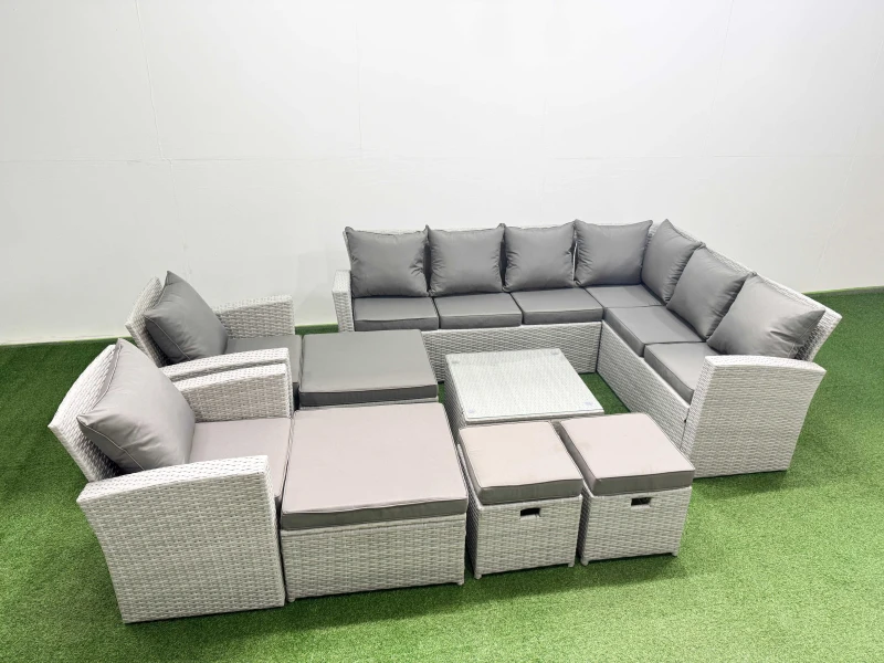 Image of Fimous Rattan Garden Outdoor Furniture Set 12 Seater Rattan Garden Sofa Set in Light Grey Light Grey Unisex