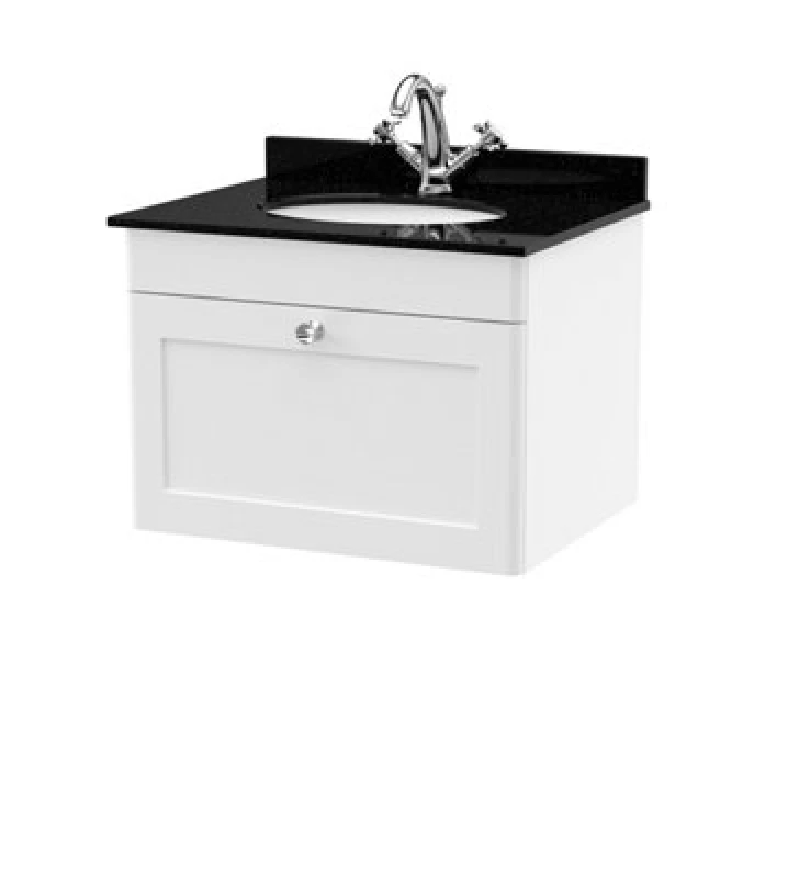 Image of Nuie Classique Wall Hung 1 Drawer Vanity Unit & 1 Tap Hole Black Marble Top With Oval Basin, Sink Vanity Unit In Satin White With