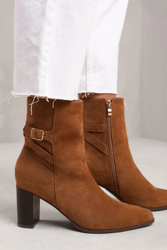 Image of Where's That From Womens 'North' Block Heel Boot With Buckle Detail in Brown Size: 6 Brown Female 6