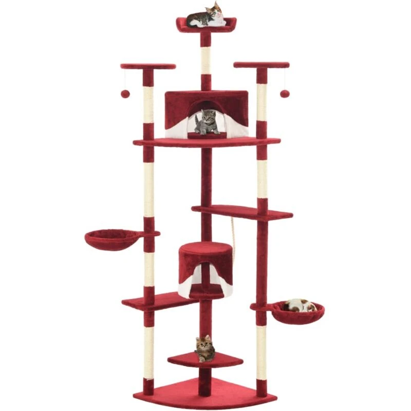 Image of vidaXL Cat Tree with Sisal Scratching Posts 203cm Red and White Playhouse