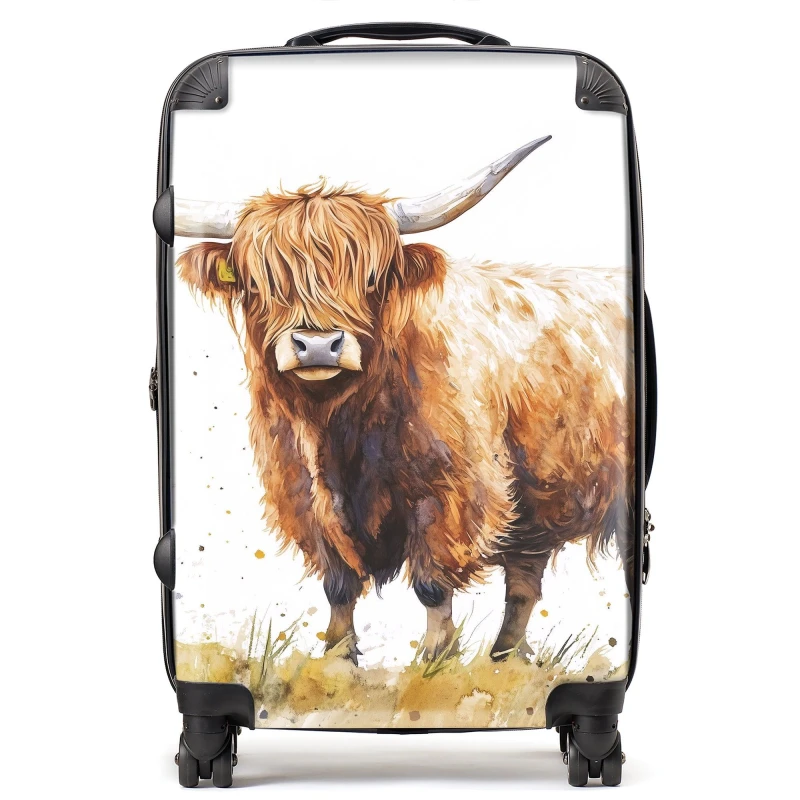 Image of Warren Reed - Designer Watercolour Highland Cow Suitcase in Brown Size: Medium Brown Unisex Medium