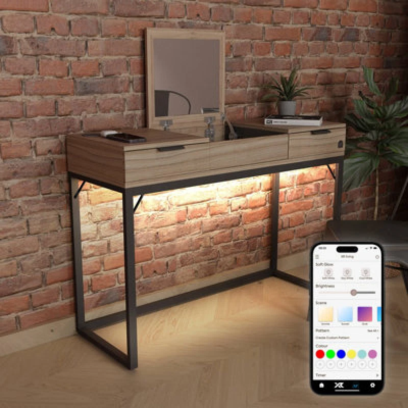 Image of XR Living Denver Dressing Table With Mirror, Wireless Charging and App Control Lights - Oak / Black 2024189
