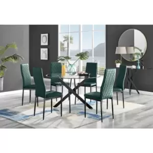 Image of Furniturebox UK - Furniturebox Novara Black Leg 120cm Round Glass Dining Table & 6 Green Milan Velvet Dining Chairs With Black Legs Diamond Stitch