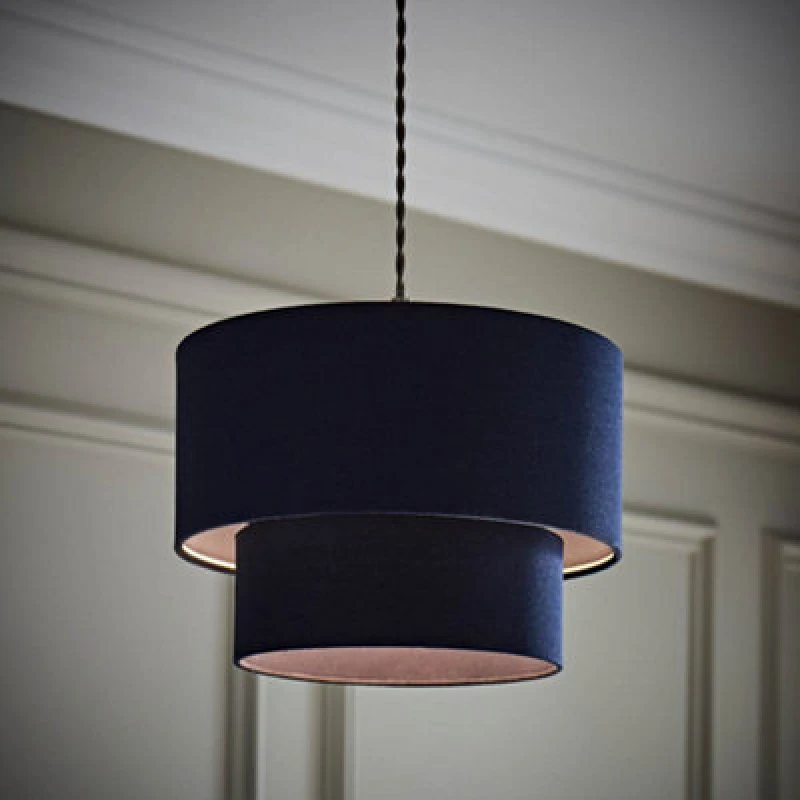 Image of ValueLights ValueLights Jodie Linen Two Tier Easy Fit Drum Ceiling Light Lamp Shade with Bulb in Navy Navy One Size Unisex 5059406069796