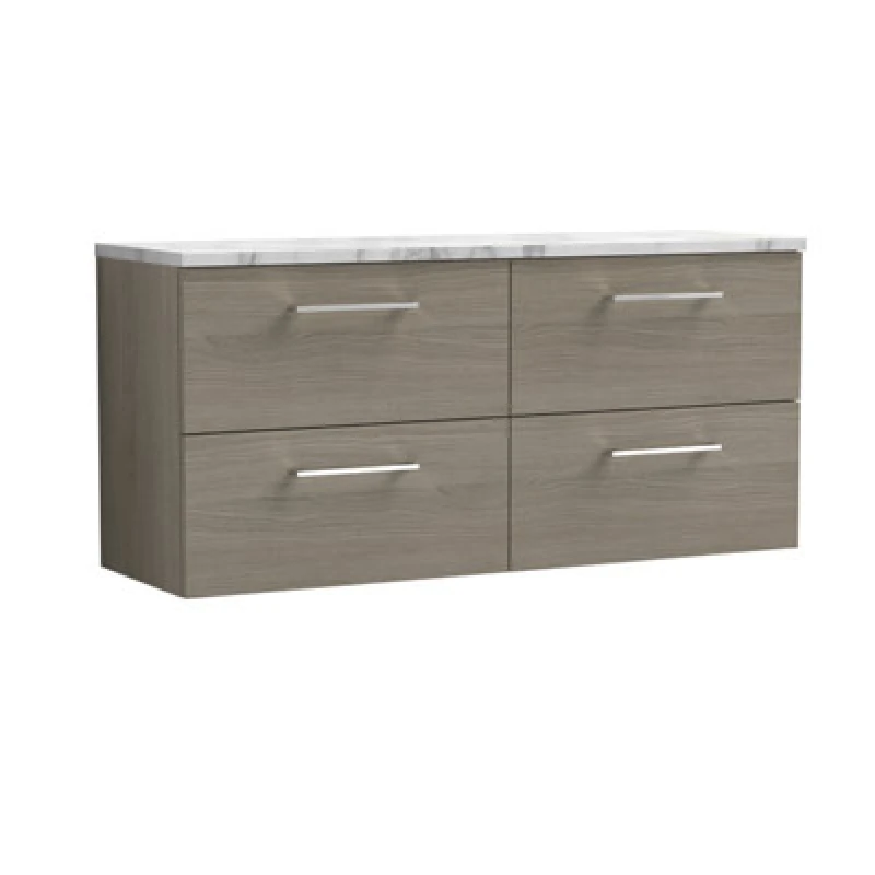 Image of NUIE Arno Wall Hung 4-Drawer Vanity Unit with Carrera Marble Worktop 1200mm Wide - Solace Oak - Nuie ARN2524LCM2