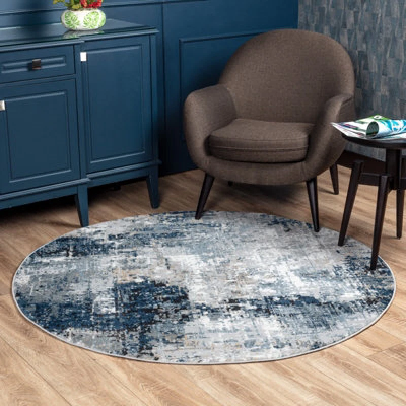 Image of Livabliss Round Abstract Modern Marble Denim Lena Area Rug 200 X 200 Cm - Easy Care, Non Shedding, Ideal For Living Room & Bedroom