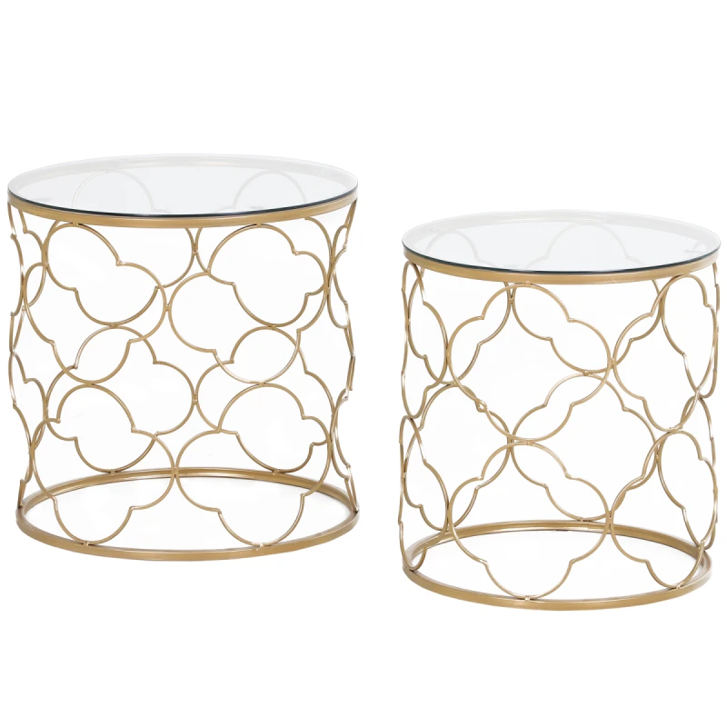 Image of HOMCOM HOMCOM Nesting Tables Set of 2, Side End Table with Glass Top, Gold Tone Gold One Size Unisex 5063603040717