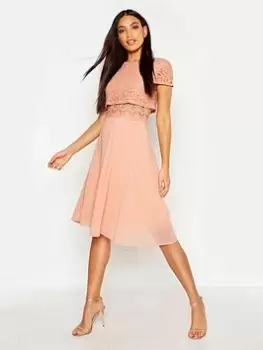 Image of Boohoo Chiffon Lace Top Skater Dress - Blush, Pink, Size 14, Women