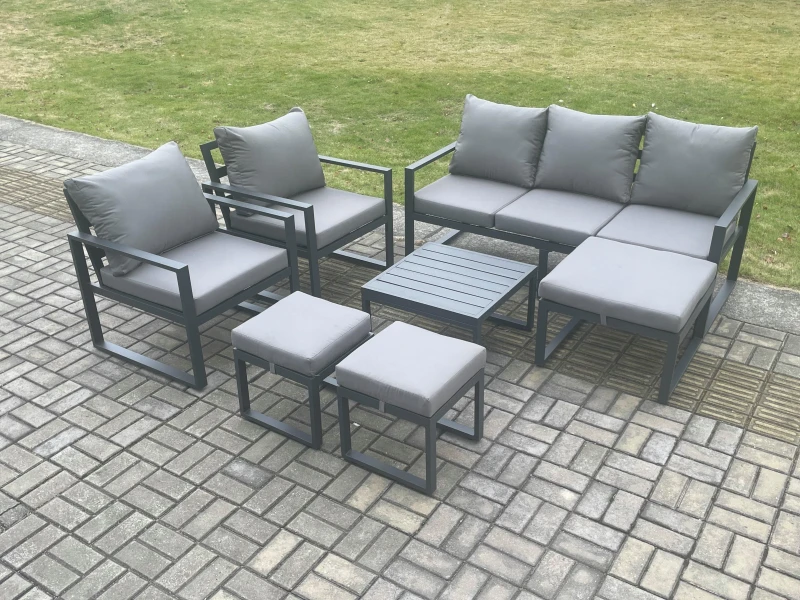 Image of Fimous Aluminium Outdoor Lounge Sofa Set Garden Furniture Sets with Square Coffee Table 2 Chairs 3 Footstools Dark Grey 8 Seater Dark Grey Unisex