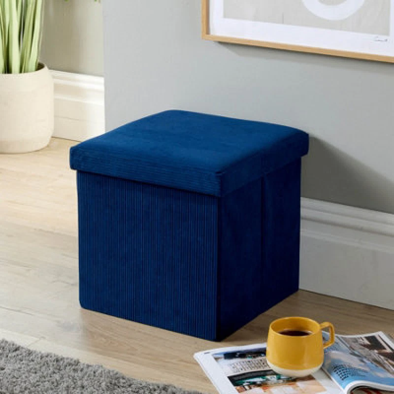 Image of Home Source Square Corduroy Folding Storage Ottoman Navy