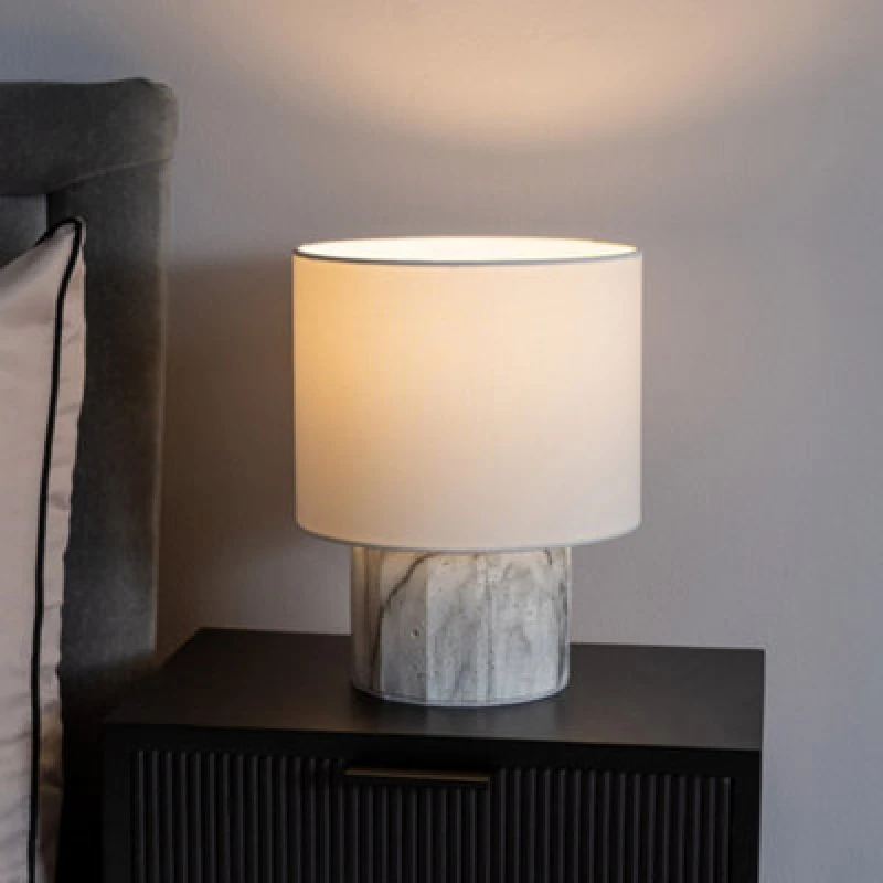 Image of ValueLights ValueLights Melanie White Marble Effect Table Lamp with White Linen Lamp Shade in Off White Off White One Size Unisex 5016529271758