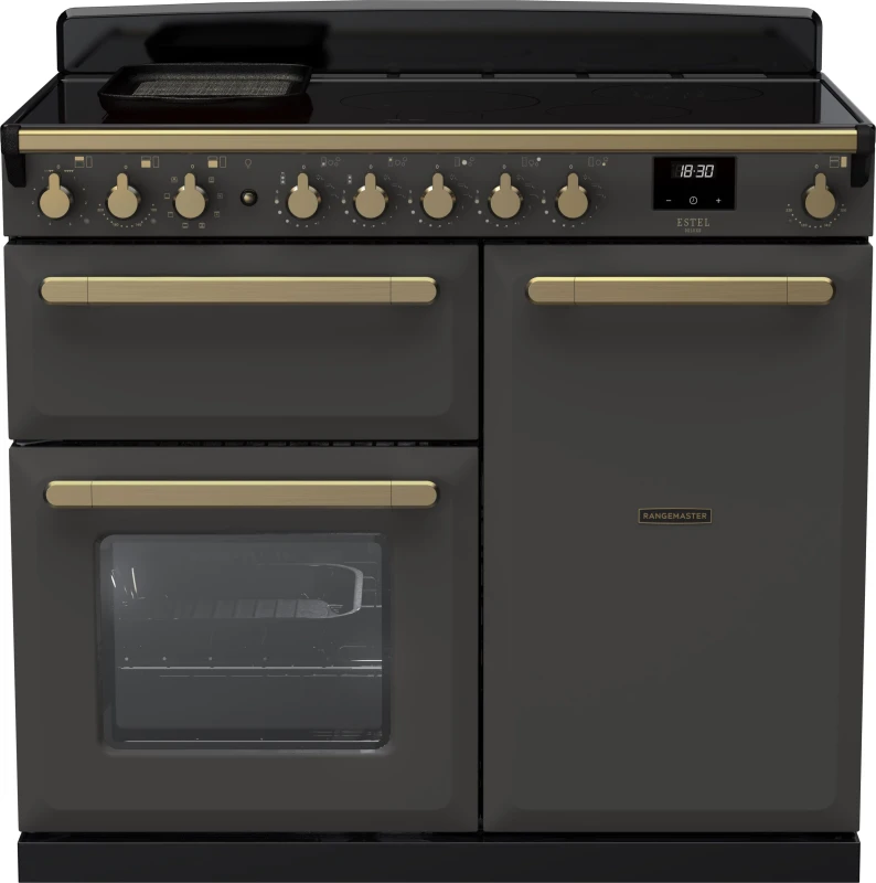 Image of Rangemaster Estel Deluxe ESDL100EIPSLT/AB1 100cm Electric Range Cooker with Induction Hob - Slate / Antique Brass - A/A Rated