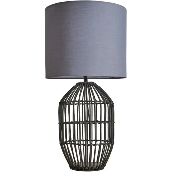 Image of Matt Black Rattan Table Lamp With Fabric Lampshade - Dark Grey - No Bulb