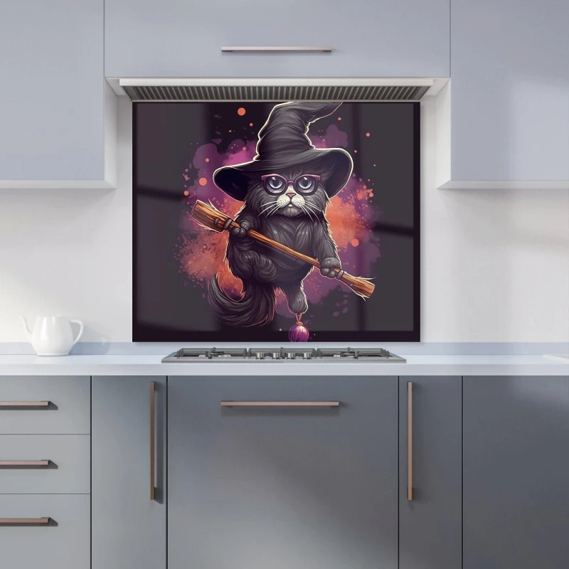 Image of Warren Reed - Designer Cat & A Broom Kitchen Splashback Size: 700mm x 750mm Multicolor Unisex 700mm x 750mm