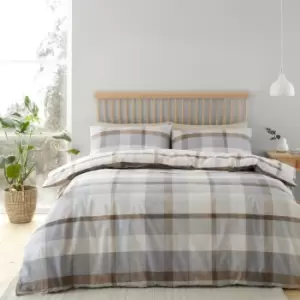 Image of Catherine Lansfield Reversible Check 100% Brushed Cotton Duvet Cover & Pillowcase Set Natural