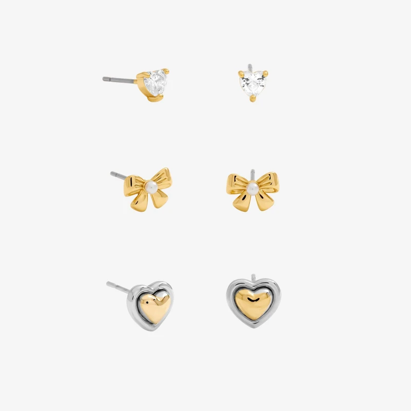 Image of Inicio Gold Heart Bow Earrings - Pack of 3 - Gift Pouch Multi Earrings One Size Gold 40952510000