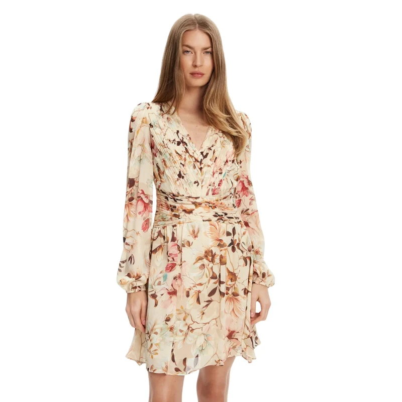 Image of Guess Pleated long sleeve dress For Her Guess Romina Beige Female S