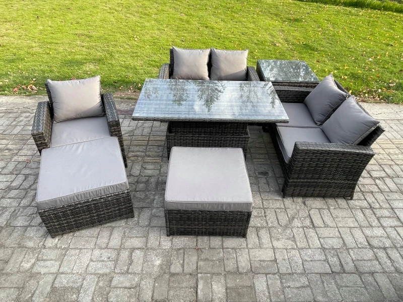 Image of Fimous 7 Seater Outdoor Rattan Patio Furniture Set Garden Height Adjustable Rising Lifting Table Sofa Dining Sofa Set with Side Table 2 Big Footstool