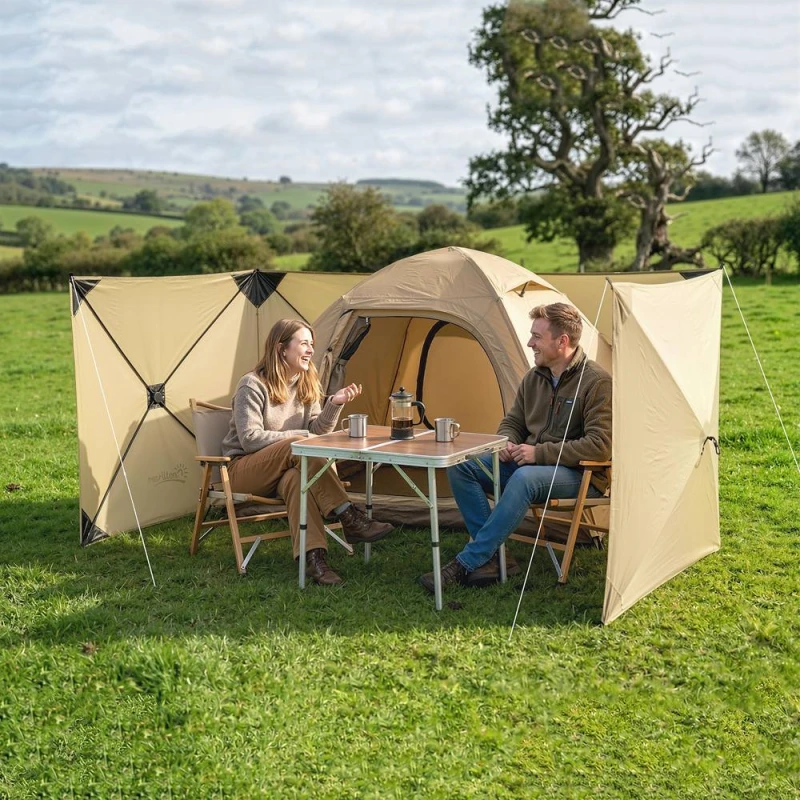 Image of OUTSUNNY Camping Windbreak, Pop Up Hub Frame Windbreaker Blocker in Khaki Khaki Unisex