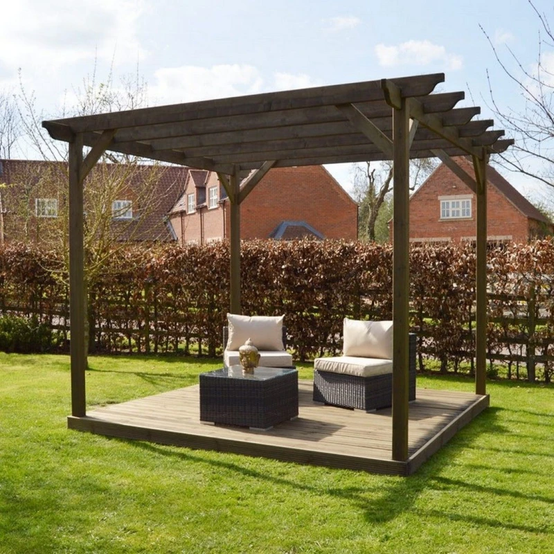 Image of Rutland County Garden Furniture Ltd Garden Pergola & Decking Kit, Wood, L300 x W300 cm, Rustic Brown Brown Unisex