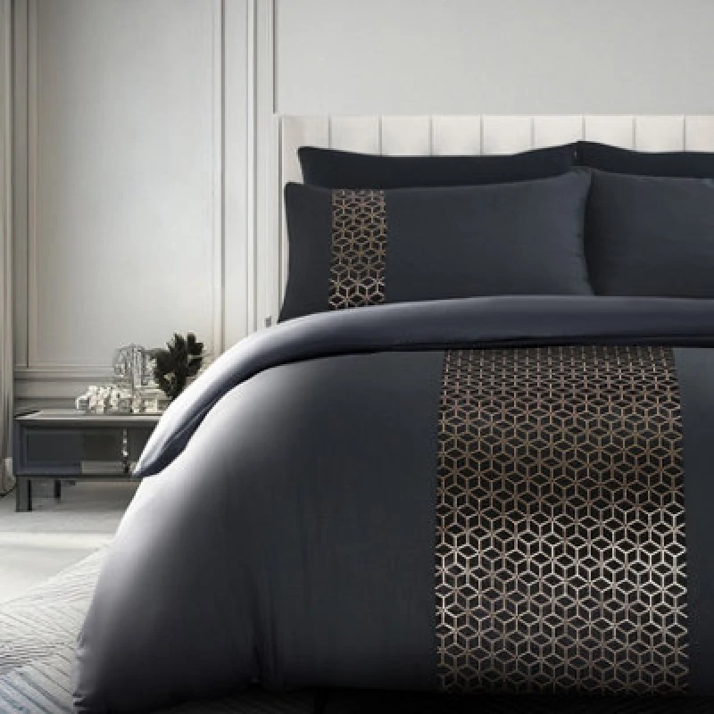 Image of Velosso Elegant Foil Printed Duvet Cover & Pillowcase Set, Luxury Bedding, Modern Bed Covers With Stylish Geometric Pattern, - Black