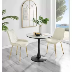 Image of Furniture Box Elina White Marble Effect Round Dining Table and 2 Cream Pesaro Gold Leg Chairs